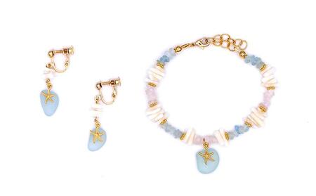 【ブレスレット＆イヤリング】Lサイズ｜サンゴとシーグラスのアクセサリーセット