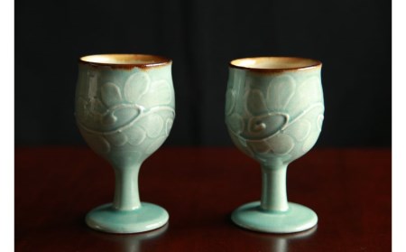 【伝統工芸】やちむんカフェ器人 うふどーブルーいっちんワイングラス2個セット