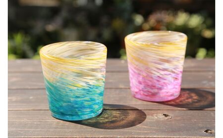 【伝統工芸】ガラス工房雫　深海ロックグラス　ラグーン・ピンク2個セット