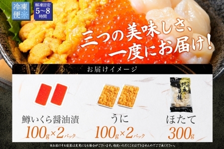 3014.うに100g×2 鱒いくら醤油漬け100g×2 ホタテ300g 3種 セット ウニ 雲丹  鱒 イクラ 醤油漬け ほたて 帆立 海鮮 冷凍 海鮮丼 送料無料 北海道 弟子屈町