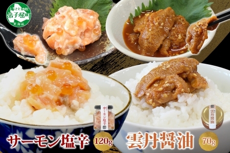 3118. 食べる雲丹醤油 70g サーモン塩辛 120g セット 数量限定 雲丹 うに ウニ サーモン 塩辛 鮭 さけ サケ いくら おつまみ ご飯のお供 ごはんのおとも ピリ辛 漬け  アレンジ 海鮮 瓶詰 数量限定 送料無料 瓶 ギフト 贈り物 プレゼント 北海道 弟子屈町