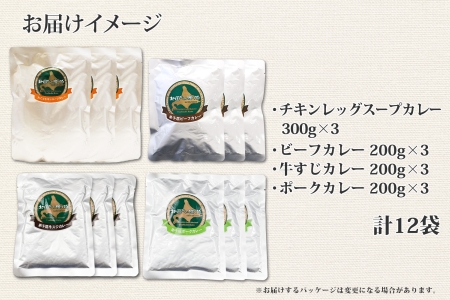 782.カレー 4種 食べ比べ 計12個  中辛 スープカレー ビーフカレー ポークカレー 牛すじカレー じゃがいも 牛 牛肉 豚肉 肉 鳥 鶏 業務用 レトルトカレー 保存食 備蓄 まとめ買い 送料無料 北海道 弟子屈町