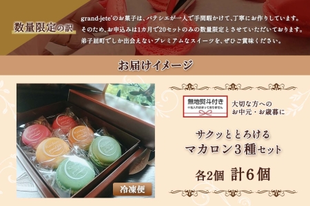 1594. 無地熨斗 マカロン 6個入り grand-jete' いちご パッションマンゴー ピスタチオ イチゴ 苺 マンゴー スイーツ お菓子 洋菓子 冷凍 お取り寄せ グルメ ギフト ガラス工房 グランジュテ のし 名入れ不可 送料無料 10000円 北海道 弟子屈町