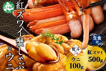 3551.【無地熨斗】紅ズワイしゃぶビードロ500g＆雲丹100g 生食 紅ずわい ズワイガニ ずわいがに カニしゃぶ 蟹 カニ 雲丹 ウニ チリ産 冷凍 鍋 海鮮 セット ズワイ ずわい カット済 熨斗 のし 名入れ不可 送料無料 北海道 弟子屈町