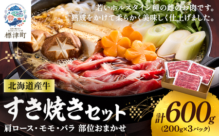 北海道産牛すき焼き用　部位おまかせ600g(200g×3)　牛肉 赤身 熟成肉 モモ バラ 肩ロース【配送不可地域：離島】【1123444】