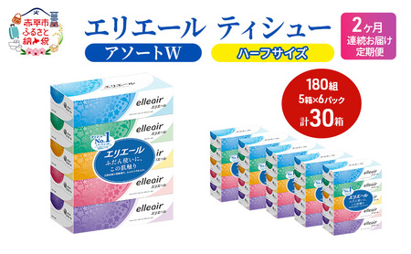 定期便 2ヵ月連続お届け エリエール ハーフサイズ 収納に便利 コンパクト 【少量6パック】 エリエール ティシュー 180組5箱 6パック 計30箱 箱ティッシュ ボックスティッシュ ペーパー 紙 防災 常備品 定番