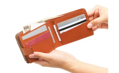 ファスナー付二つ折り財布 キャメル いたがき ファッション小物 手作り 本革 天然皮革 名入れ有