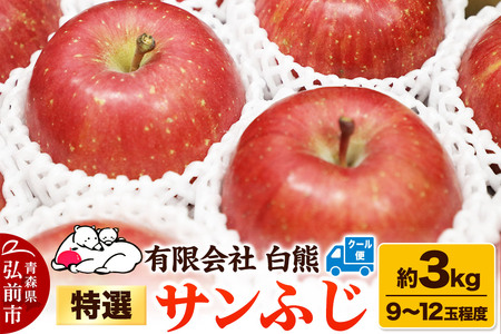 【26年3月発送・先行受付・クール便】りんご 特選 白熊 サンふじ 絆 約3kg（9～12玉程度）糖度13度 6,300円