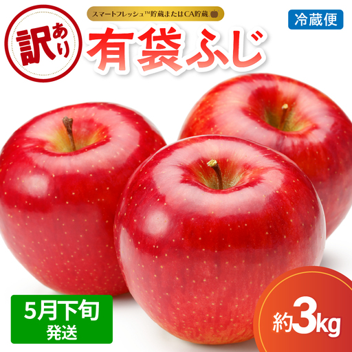 【2026年5月下旬発送】【訳あり】りんご 3kg 有袋ふじ 【スマートフレッシュTM貯蔵またはCA貯蔵・クール便】