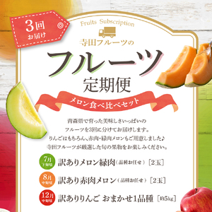 【2024年7月発送開始】 おいしい3種類☆フルーツ定期便【3回】（メロン食べ比べセット）赤肉・緑肉メロン、りんご