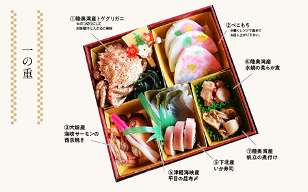 【下北半島からの贈り物】極・特選三段おせち 海峡サーモン/下北牛/陸奥湾ほたて/脇野沢産真鱈/べこもち/下北産アワビ入り