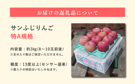 【レビューキャンペーン】《3月発送》 サンふじりんご 「 特A 」規格 約3kg(8～11玉程度) 【糖度 13度以上 森山商店  青森りんご 年明け発送 3月 林檎 リンゴ りんご サンふじ ふじ 特A規格 光センサー 選果 平川市 青森県】[hi-0009-013]