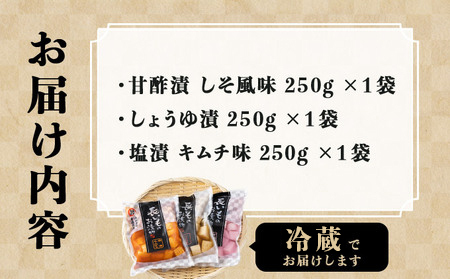 JAゆうき青森 謹製長いものお漬物3種セット（250g×各1袋）【国産 長芋 山芋 野菜 漬物 つけもの 詰め合わせ セット お弁当 おかず おつまみ ご飯のお供 食べ比べ 贈り物 ギフト 青森県 七戸町 送料無料】【02402-0304】