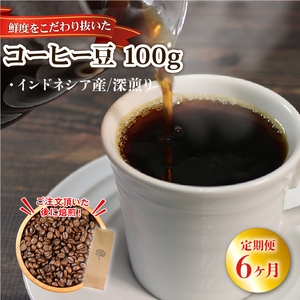 6ヶ月 定期便 コーヒー 豆 100g インドネシア 深煎り 自家焙煎 コーヒー豆 注文焙煎 ストレートコーヒー アイスコーヒー coffee エスプレッソ カフェオレ 朝食 岩手県 大船渡市 8,880円
