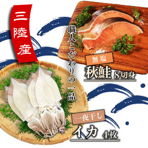 三陸産 秋鮭 無塩 8切れ ＆ イカの一夜干し 4枚 セット さけ 秋 切身 切り身 いか 烏賊 一夜干し 干物 セット 魚 魚介 海産物 三陸 大船渡