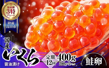 【12ヶ月定期便】極上3特 いくら(鮭卵)醤油漬 400ｇ×12ヶ月お届け 【 鮭 鮭卵 ikura 醤油 海鮮 魚卵 人気 小分け 贈答 贈り物 お祝い ギフト 醤油漬け 天然 サーモン 鮭いくら いくら醤油漬け 冷凍いくら 】RT1836
