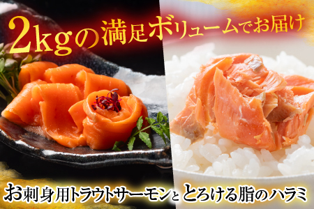お刺身トラウトサーモン4～8本(計2kg)＆とろサーモンハラミ6～10枚(計2kg) F-09002