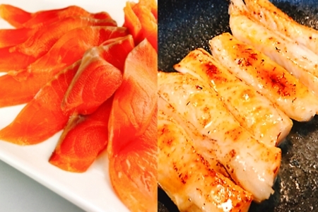 スモークサーモン4～8P(計1kg)＆塩サーモンハラス220g×18P F-09024