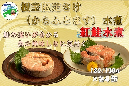 紅鮭水煮180g、鮭(からふとます)水煮180g計8缶 C-78023