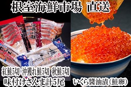 根室海産市場<直送>鮭切り身3種とさんまといくらのセット A-28199