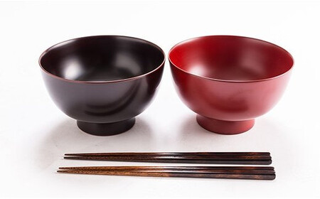 安比塗漆器】 5寸そば椀×2客（本朱・溜）といぶり箸×2 セット ／ 漆器