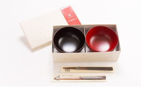 安比塗漆器】 5寸そば椀×2客（本朱・溜）といぶり箸×2 セット ／ 漆器