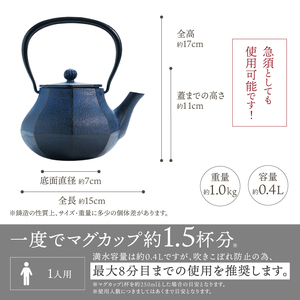 南部鉄器 鉄瓶 みやび 青 0.4L【及富作】 [AK031]