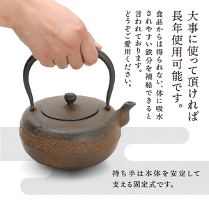 南部鉄器 鉄瓶 平丸形露芝 1.0L 【伝統工芸士 菊池 真吾 作