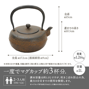 南部鉄器 鉄瓶 平丸形露芝 1.0L 【伝統工芸士 菊池 真吾 作