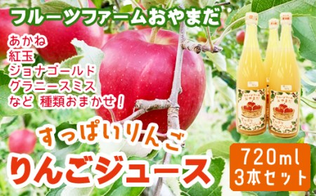 種類おまかせ すっぱい りんごジュース 720ml 3本 セット 【フルーツファームおやまだ】 ／ りんご リンゴ 林檎 アップル リンゴジュース 林檎ジュース アップルジュース 果汁100% 100％ ストレートジュース 荒搾り あらしぼり ジュース 果物 くだもの フルーツ ドリンク おすすめ