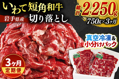 ＼3ヶ月連続 定期便／ 切り落とし 赤身 肉 牛肉 いわて 短角和牛 750g (総計 2,250g) 小分けパック 真空冷凍 | 牛肉 肉 赤身 短角 和牛 国産牛 ブランド牛 切り落し 大容量 牛丼 肉じゃが 煮込み 煮物 小分け 真空パック 数量限定 (AB121)