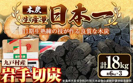 【九戸産】切炭 6kgパック×3《30日以内に出荷予定(土日祝除く)》 木炭  箱入り 岩手木炭 キャンプ バーベキュー BBQ 消臭 火鉢 囲炉裏 炭  国産木炭 川遊び ロッジ レジャー 行楽 安全 安心