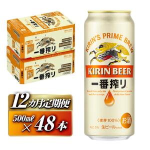 【12ヵ月定期便】キリン 一番搾り 500ml×48本　【定期便・ お酒 アルコール アルコール飲料 晩酌 家飲み 宅飲み 飲み会 集まり バーベキュー BBQ イベント 飲み物 缶ビール 】