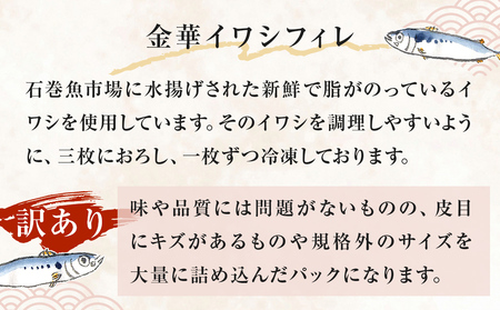 訳あり 金華 イワシ フィレ 1kg ( 500g × 2P ) 宮城県産 いわし 鰯 フィーレ 冷凍 魚 青魚 切身 わけあり 規格外 ご家庭用 国産 鰯フィレ イワシフィーレ 切り身 バラバラ冷凍 宮城県 石巻市