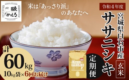 【新米】ササニシキ 玄米 定期便 10kg×6回 特別栽培米 宮城県白石市産【06020】