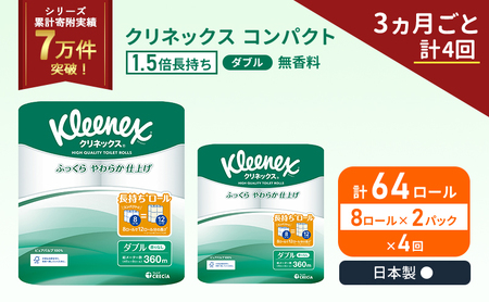 定期便 トイレットペーパー ダブル クリネックス コンパクト 1.5 倍巻き 8ロール入 × 2パック 無香料《 3ヶ月ごと 計  4回 》