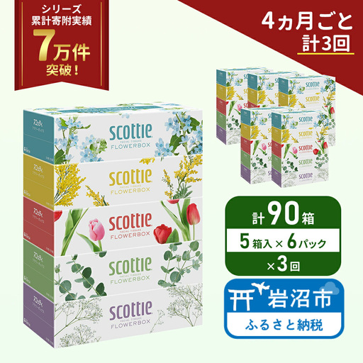 定期便 ティッシュ スコッティ フラワーボックス 90箱 ( 5箱 × 6パック )《 4ヶ月ごと 計  3回 》