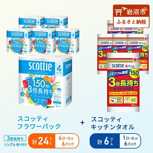 キッチンペーパー 6パック入 スコッティ ファイン 1ロール 3倍 150カット トイレットペーパー シングル フラワーパック 24ロール (4ロール × 6パック)
