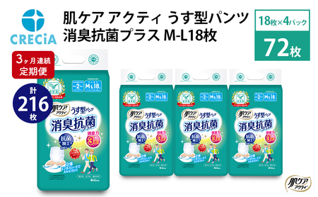 【3ヶ月連続定期便】肌ケア アクティ うす型パンツ 消臭抗菌プラス M-L 18枚