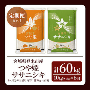 ≪令和7年産≫【6回定期便】ササニシキ・つや姫 計60kg (各5kg×6回配送) 登米市産 お米 おこめ 米 コメ 白米 ご飯 ごはん おにぎり お弁当 6か月 頒布会【登米ライスサービス株式会社】tm462