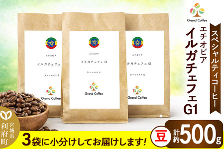 コーヒー エチオピア イルガチェフェG1 （3袋 計約500g） 宮城県利府町（豆）