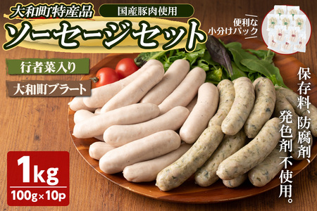 国産豚肉使用！大和町特産品ソーセージのセット(100g×10パック) 行者菜入り 大和ブラート 手作り あらびき 粗挽き 細挽き 肉 加工品 小分け 食べ比べ 冷蔵 おつまみ BBQ バーベキュー【有限会社コブレンツ】ta296