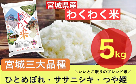 【ふるさと納税】宮城県産三大銘柄いいとこ取りブレンド米 わくわく米 5kg×1袋入 計5kg ◆｜ お米 精米 白米 ひとめぼれ ササニシキ つや姫 宮城県産 三大銘柄