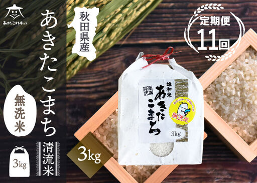 《定期便11ヶ月》あきたこまち 清流米 3kg 【無洗米】秋田市雄和産 [秋田県産 あきたこまち お米 精米 定期便 3kg 3キロ]