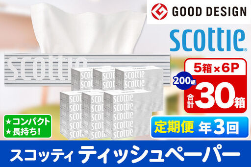 《4ヶ月ごとに3回お届け》定期便 ティッシュペーパー スコッティ 200組 30箱(5箱×6パック) ティッシュ 秋田市オリジナル 最短翌日発送 新生活