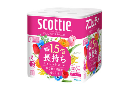 《6ヶ月ごとに2回お届け》定期便 トイレットペーパー スコッティ フラワーパック 1.5倍長持ち〈香り付〉8ロール(ダブル)×8パック