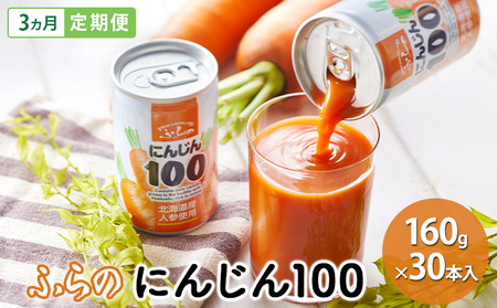 【 3ヵ月 定期便 】ふらの にんじん100 160g×30本入　野菜  ジュース  (ジュース 野菜ジュース 飲み物 缶 北海道 送料無料 道産 富良野市 ふらの)