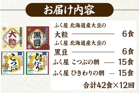 《定期便12ヶ月》ふく屋 納豆4種セット(大粒・黒豆・こつぶ・ひきわり)  計42食入(大粒・黒豆×各6食／こつぶ・ひきわり×各15食)