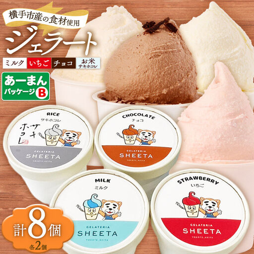 【あーまんパッケージB】ジェラート詰め合わせ（ミルク×2、いちご×2、サキホコレ×2、チョコ×2）各100g×8個