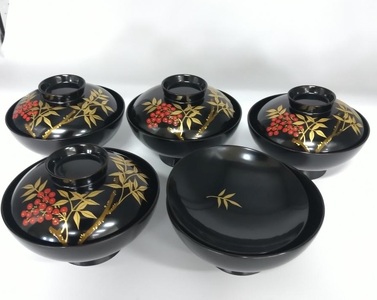 川連漆器 4.2古代型吸物椀 南天 5客揃え 漆器 漆器 【井上漆器店】[F5902]